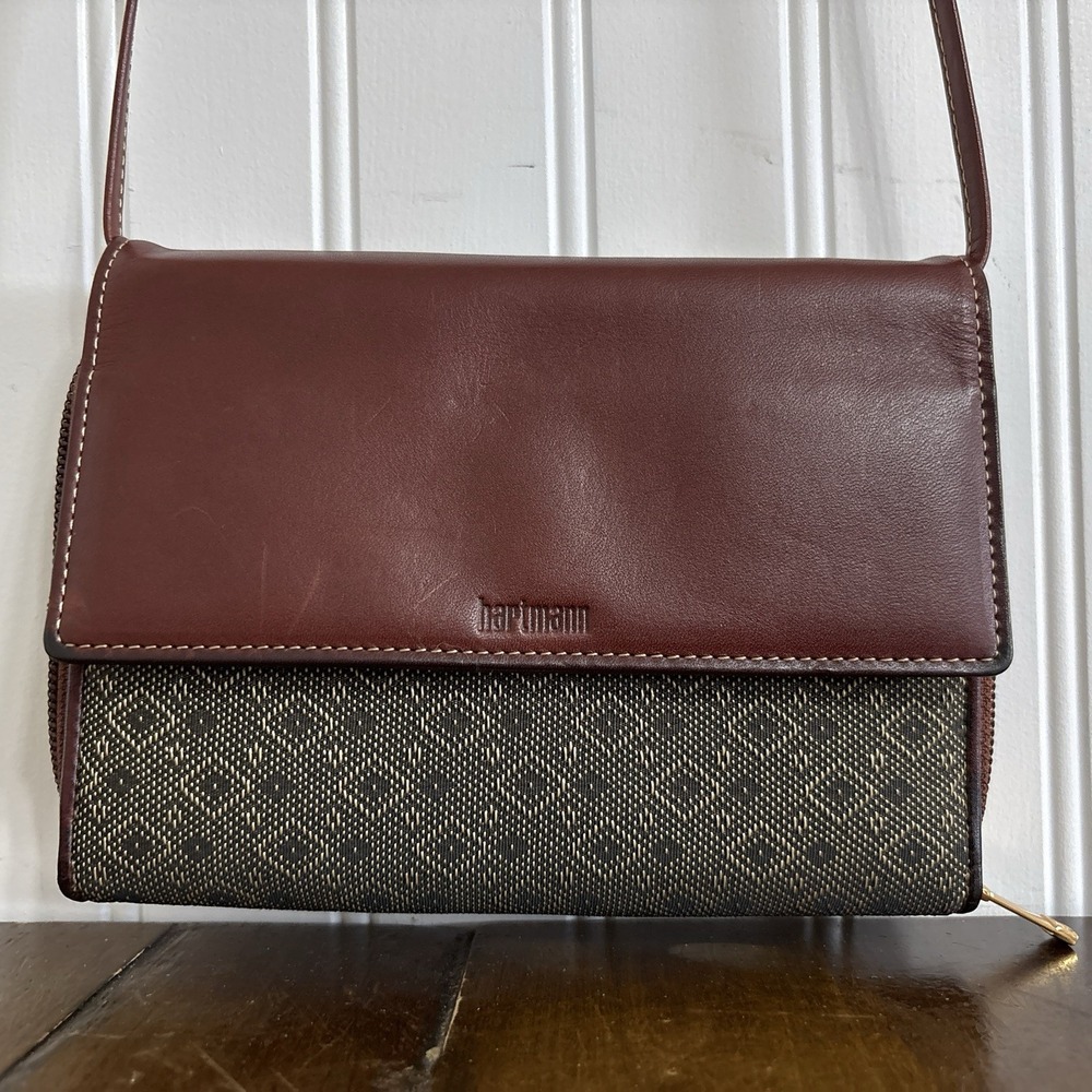Hartmann Leather Organizer Crossbody Wallet Small Brown Jacquard Travel Purse
